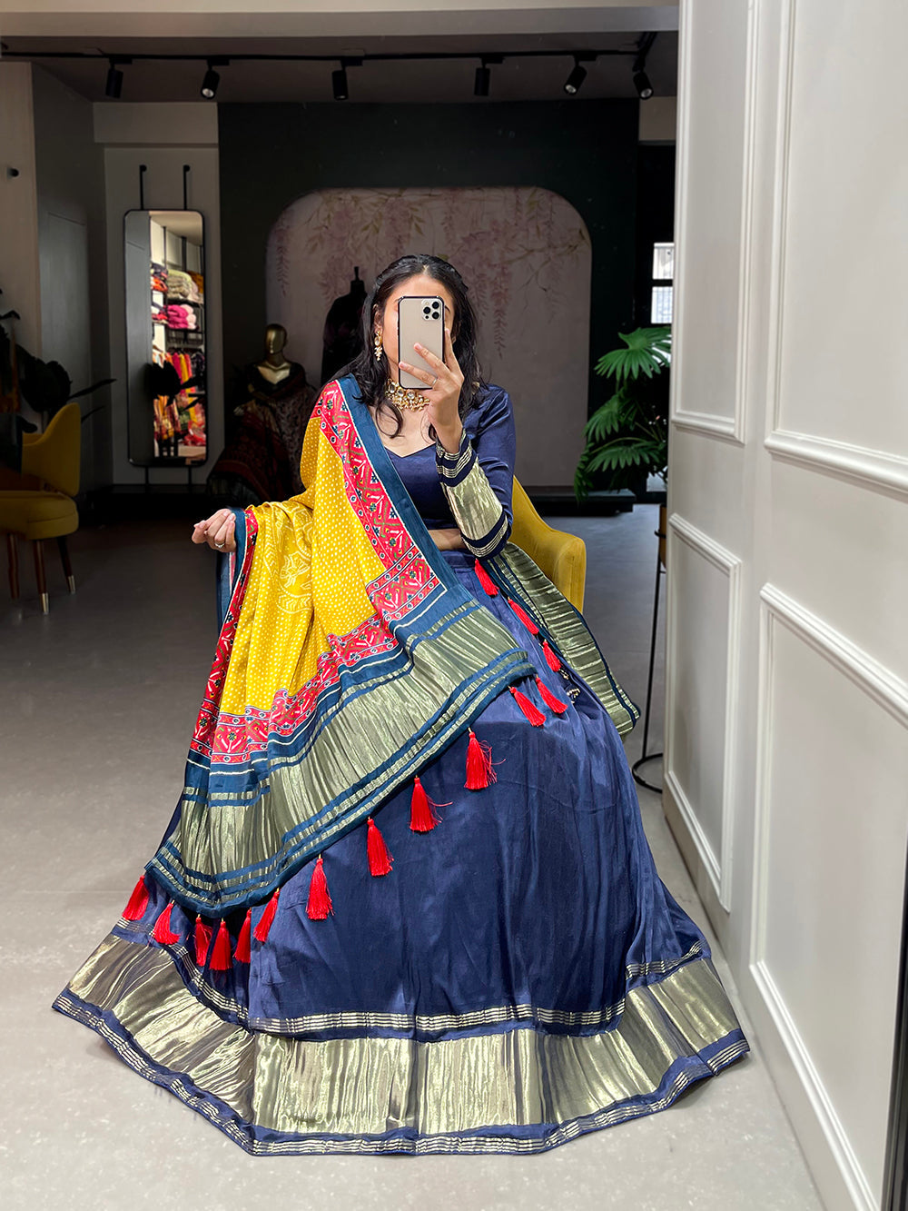 Navy Blue Color Dyeing With Lagdi Patta Gaji Silk Lehenga Choli ClothsVilla.com