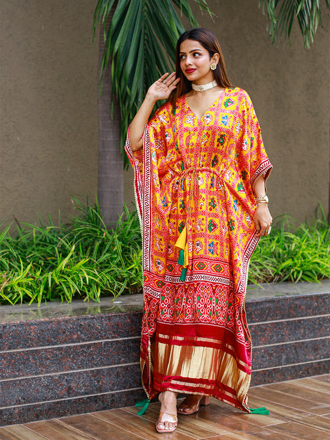 Yellow Color Bandhej Digital Print Pure Gaji Silk Kaftan Clothsvilla Main image