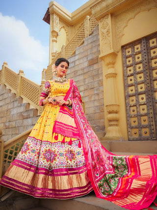 Yellow Color Digital Printed gaji Silk Lehenga Clothsvilla
