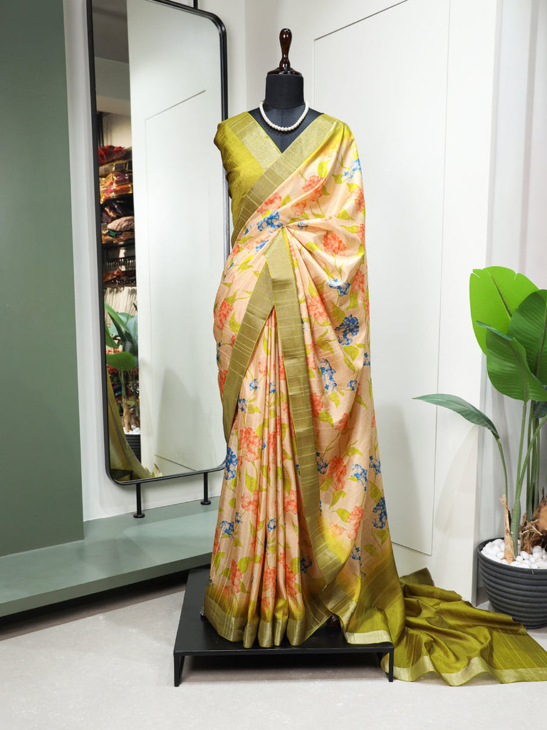Yellow Color Digital Printed Handloom Kotha Border Saree Clothsvilla