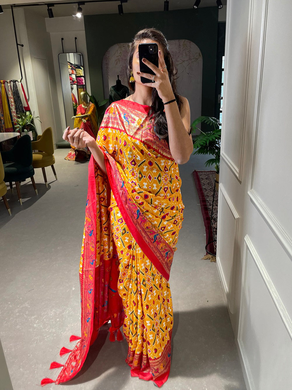 Yellow Color Patola Paithani Printed with Foil Work Dola Silk Saree Clothsvilla