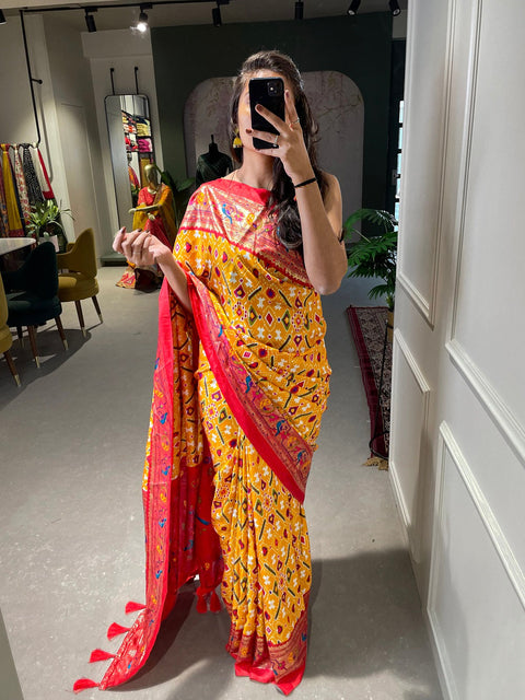 Yellow Color Patola Paithani Printed with Foil Work Dola Silk Saree Clothsvilla Main image