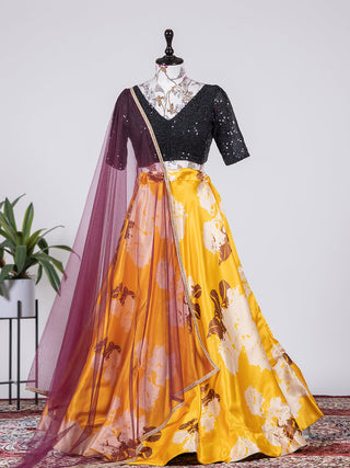 Yellow Color Printed Digital Satin Silk Lehenga Choli Clothsvilla