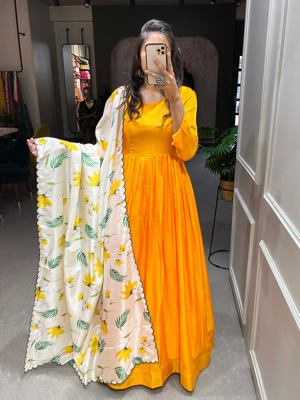 Yellow Color Plain Dola Silk Gown Clothsvilla