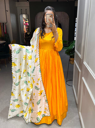 Yellow Color Plain Dola Silk Gown Clothsvilla