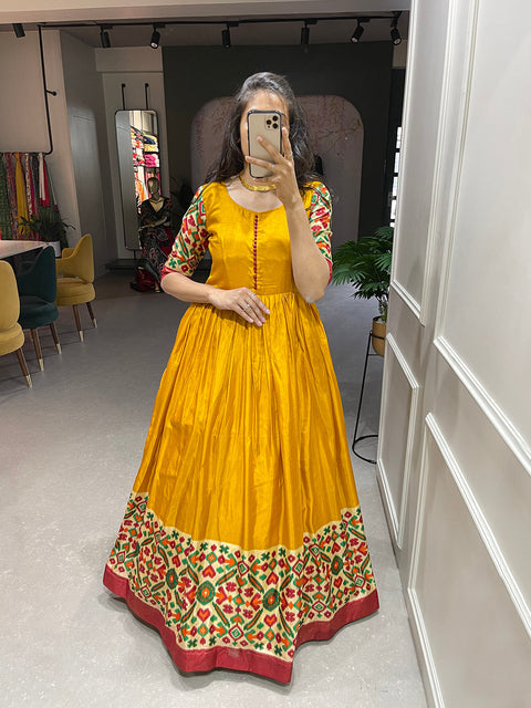 Yellow Color Foil Printed Dola Silk Gown Clothsvilla Main image