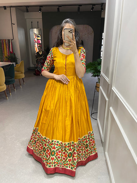 Buy Yellow Hand Work Jacquard Silk Gown With Dupatta Online