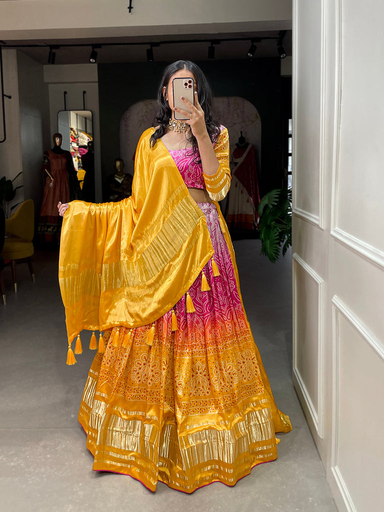 Yellow Color Bandhej Printed Gaji Silk Haldi Rasam Chaniya Choli ClothsVilla.com