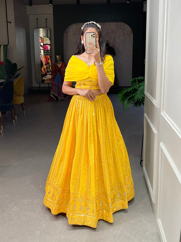 Yellow Color Sequins and Embroidery Thread Work Georgette Co-Ord Set Lehenga Choli ClothsVilla.com