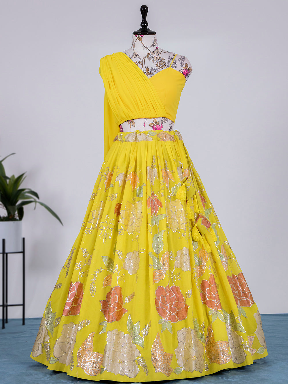 Yellow Color Sequins And Thread Embroidery Work Georgette Lehenga Choli Clothsvilla Main image