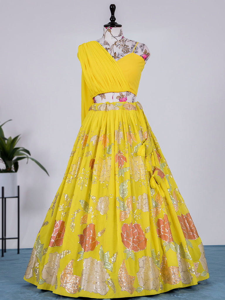 Yellow Color Sequins And Thread Embroidery Work Georgette Lehenga Choli Clothsvilla
