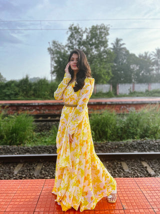 Yellow Color Digital Printed Georgette Gown Clothsvilla