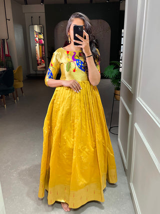 Mustered Color Weaving Zari Work Jacquard Silk Paithani Gown Clothsvilla