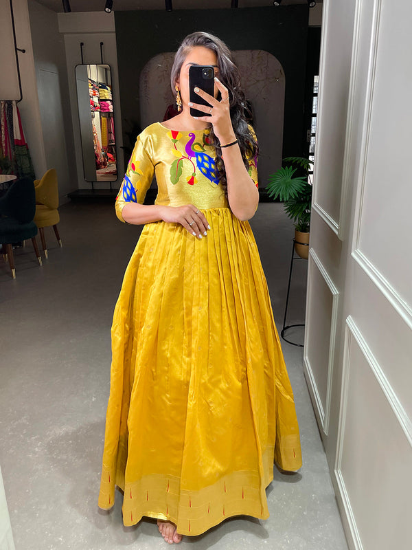 Mustered Color Weaving Zari Work Jacquard Silk Paithani Gown Clothsvilla