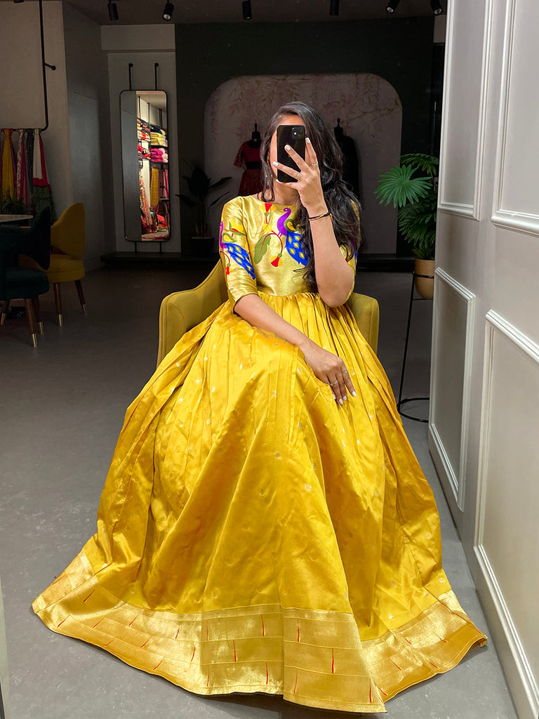 Mustered Color Weaving Zari Work Jacquard Silk Paithani Gown Clothsvilla