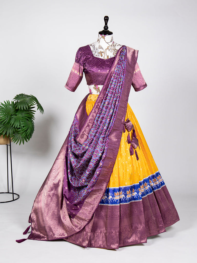 Yellow Color Weaving Work With Digital Print Jacquard Silk Half Saree Lehenga Choli ClothsVilla.com