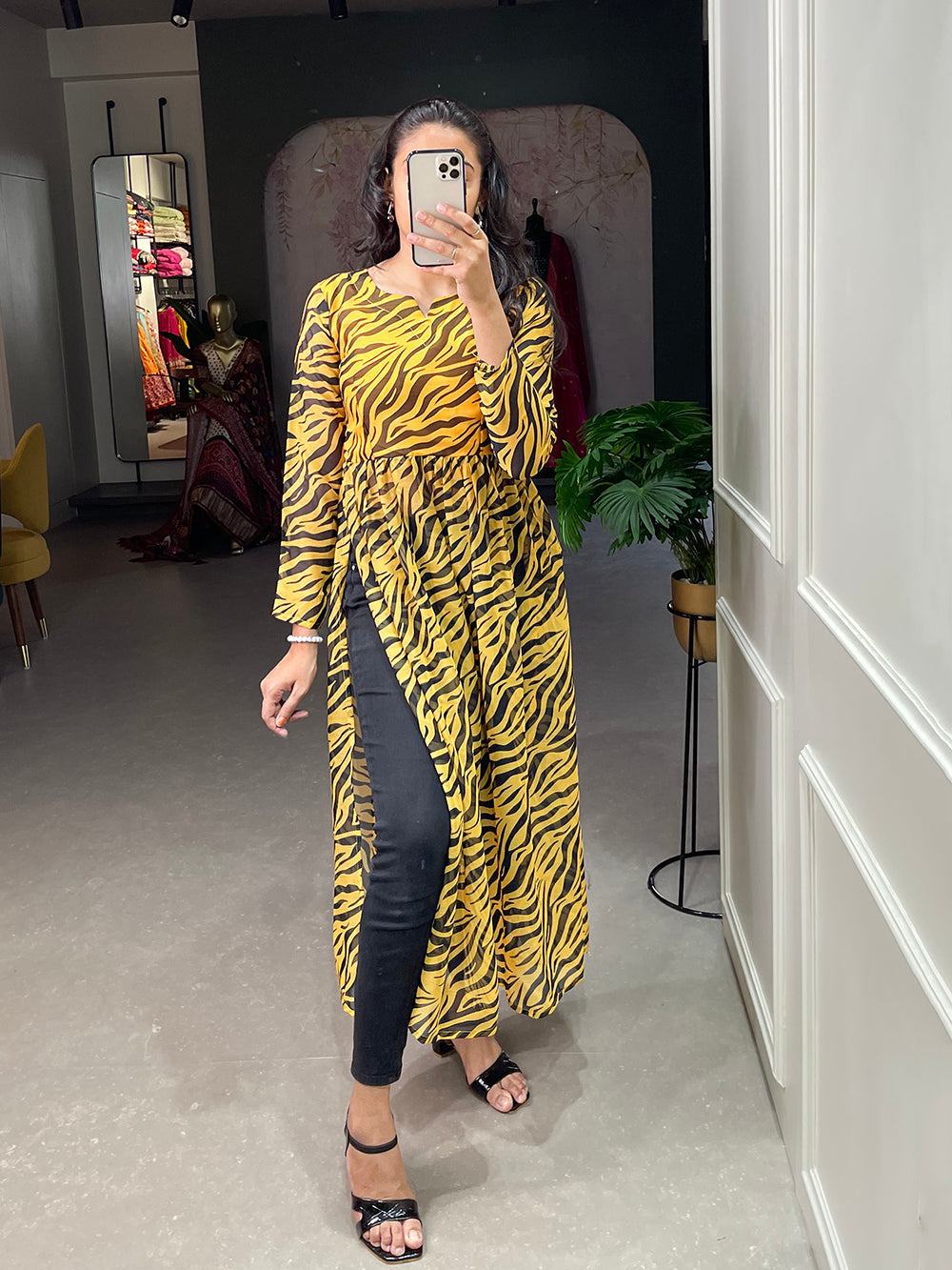 Yellow Color Animal Print Chiffon Kurti Clothsvilla