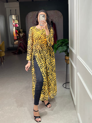 Yellow Color Animal Print Chiffon Kurti Clothsvilla