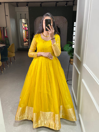 Yellow Color Zari Weaving Work Organza Chex Gown Clothsvilla