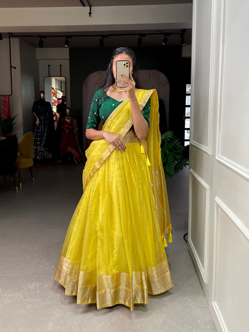 Yellow Color Zari Weaving Work Organza Lehenga Choli ClothsVilla.com