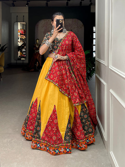 Yellow Color Printed And Gamthi Work Lace Border Cotton Lehenga Choli ClothsVilla.com Main image