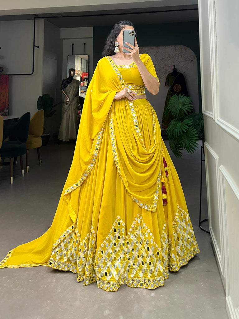 Yellow Color Sequins And Embroidery With Original Mirror Work Georgette Haldi Rasam Lehenga Choli Clothsvilla
