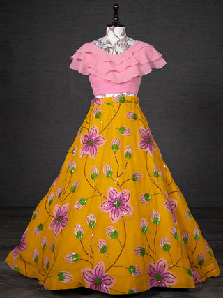 Yellow Color Sequins And Thread Embroidery Work Georgette Two Piece Lehenga Set Clothsvilla
