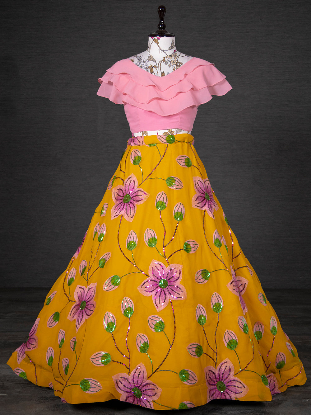 Yellow Color Sequins And Thread Embroidery Work Georgette Two Piece Lehenga Set Clothsvilla