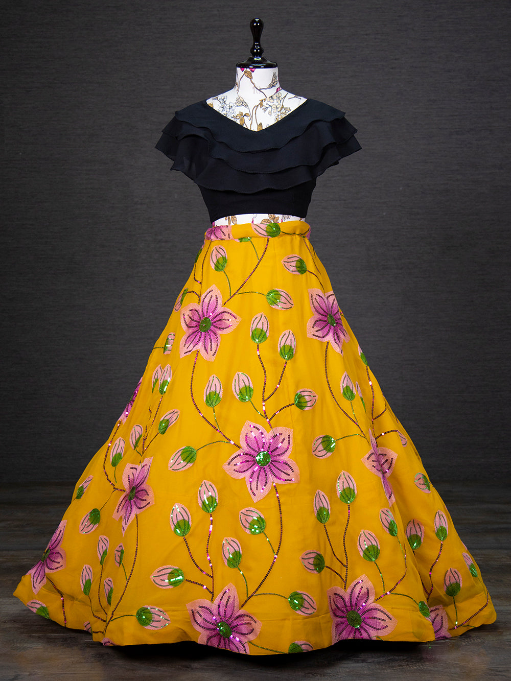 Yellow Color Sequins And Thread Embroidery Work Georgette Two Piece Lehenga Set Clothsvilla