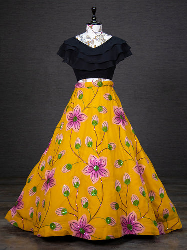 Yellow Color Sequins And Thread Embroidery Work Georgette Two Piece Lehenga Set Clothsvilla