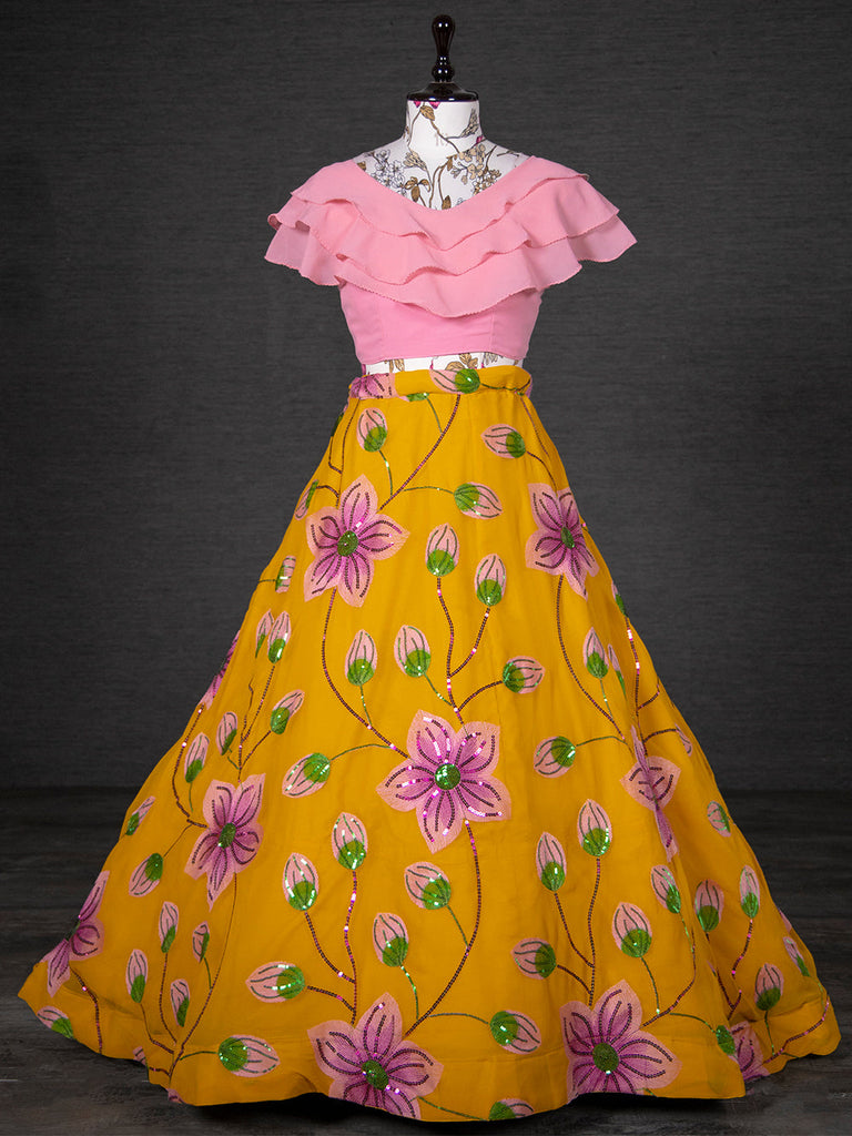 Yellow Color Sequins And Thread Embroidery Work Georgette Two Piece Lehenga Set Clothsvilla