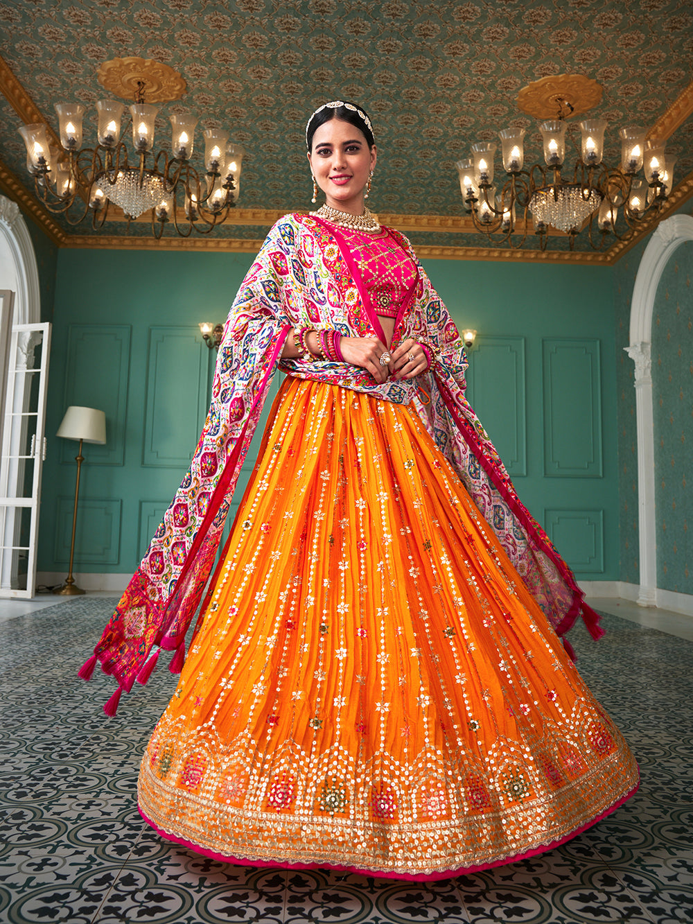 Yellow Color Sequin And Thread Embroidery Work Crushed Chinon Lehenga Choli Clothsvilla