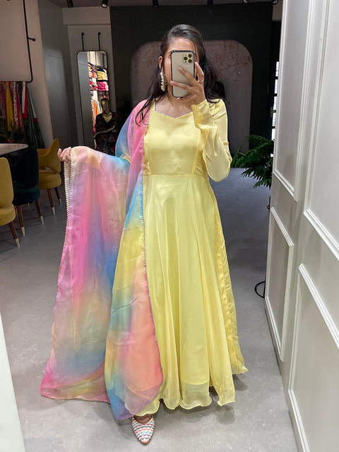 Yellow Color Simple Soft Organza Gown Clothsvilla Main image