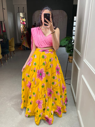 Yellow Color Sequins And Thread Embroidery Work Georgette Co-Ord Set Lehenga Clothsvilla