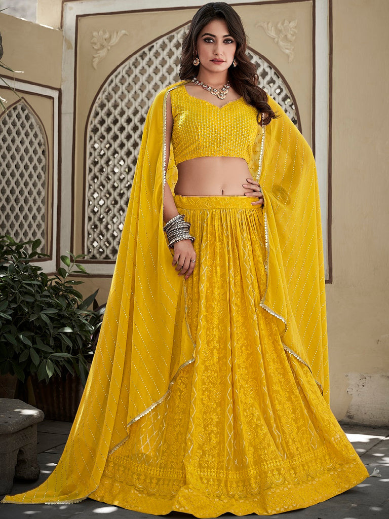 Shop Yellow Net Embroidered and Sequins Umbrella Lehenga Party Wear Online  at Best Price | Cbazaar