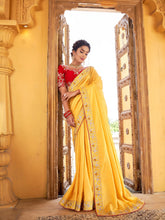 Load image into Gallery viewer, Yellow Color Vichitra Silk Saree Clothsvilla