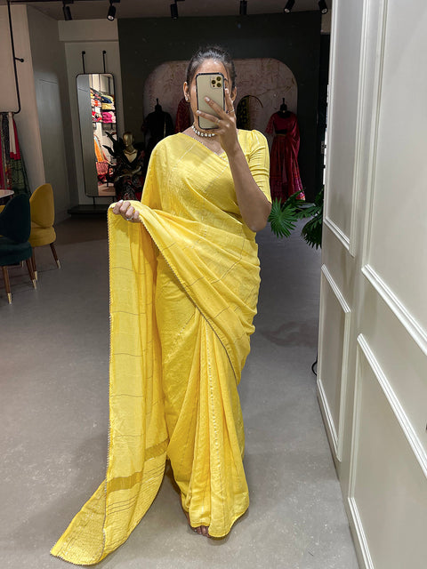 Yellow Color Sequins And Zari Work Viscose Chanderi Saree Clothsvilla Main image