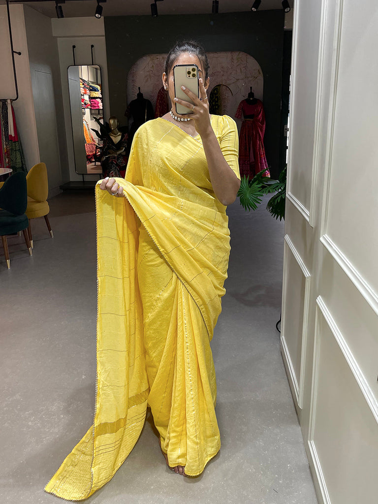 Yellow Color Sequins And Zari Work Viscose Chanderi Saree Clothsvilla