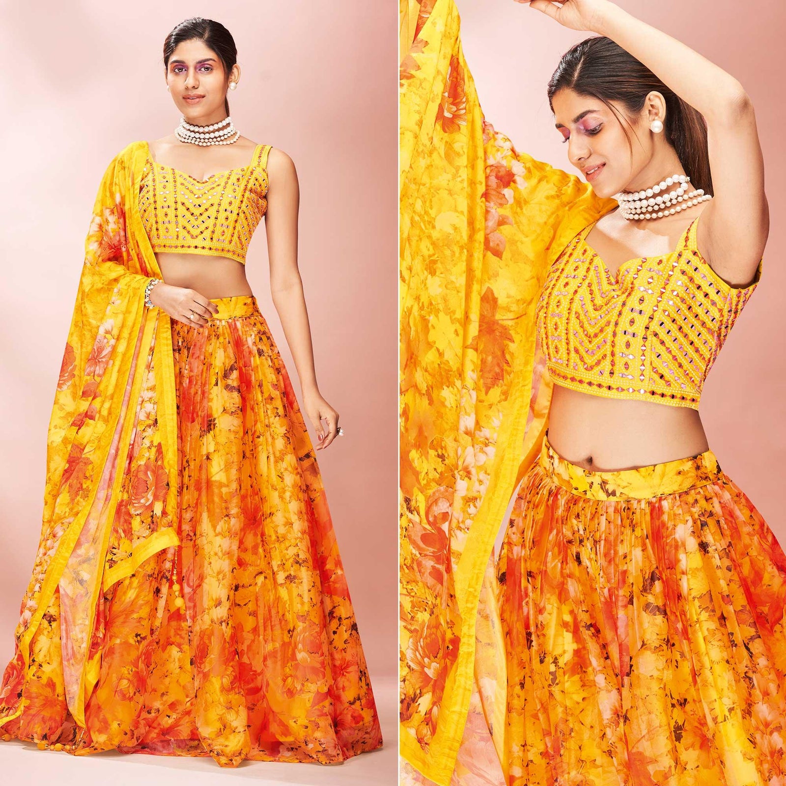 Yellow Embellished With Printed Organza Lehenga Choli Clothsvilla