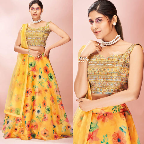 Yellow Embellished With Printed Organza Lehenga Choli Clothsvilla Main image