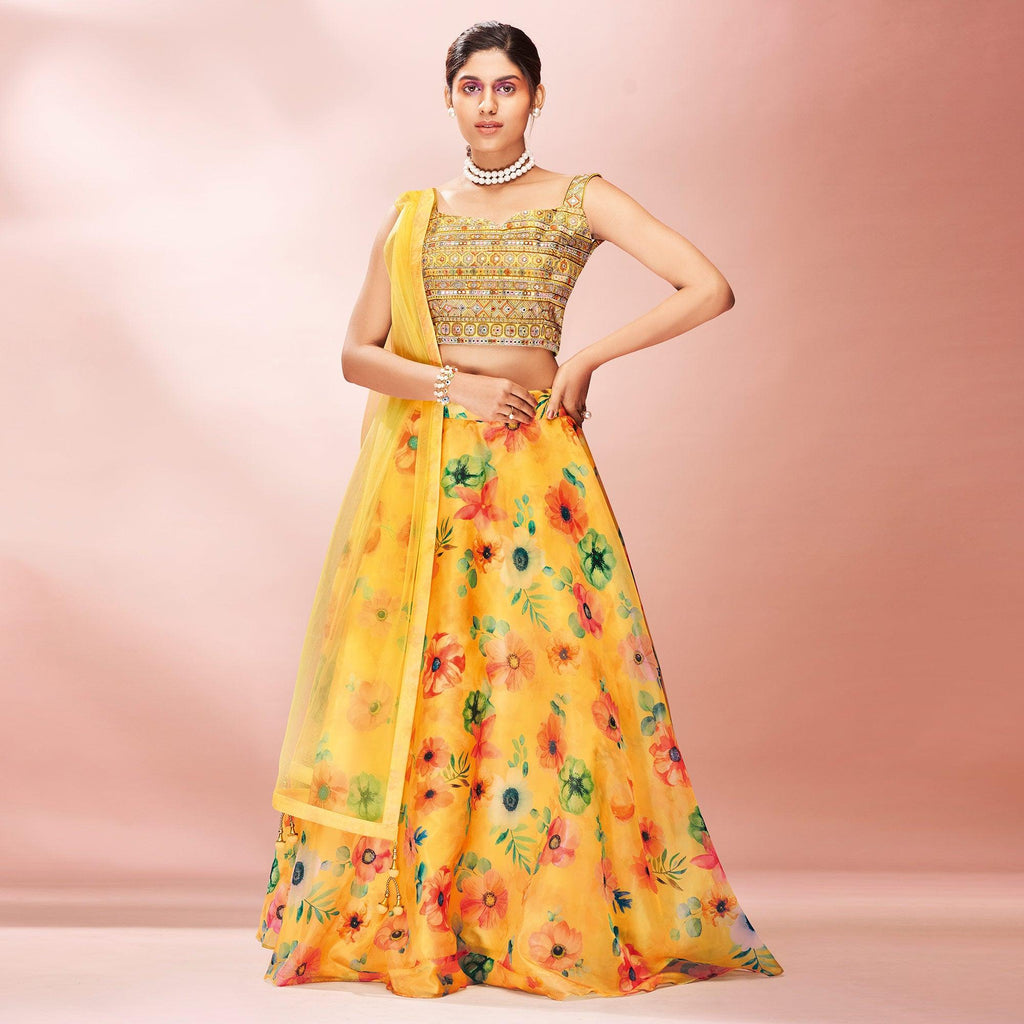 Yellow Embellished With Printed Organza Lehenga Choli Clothsvilla