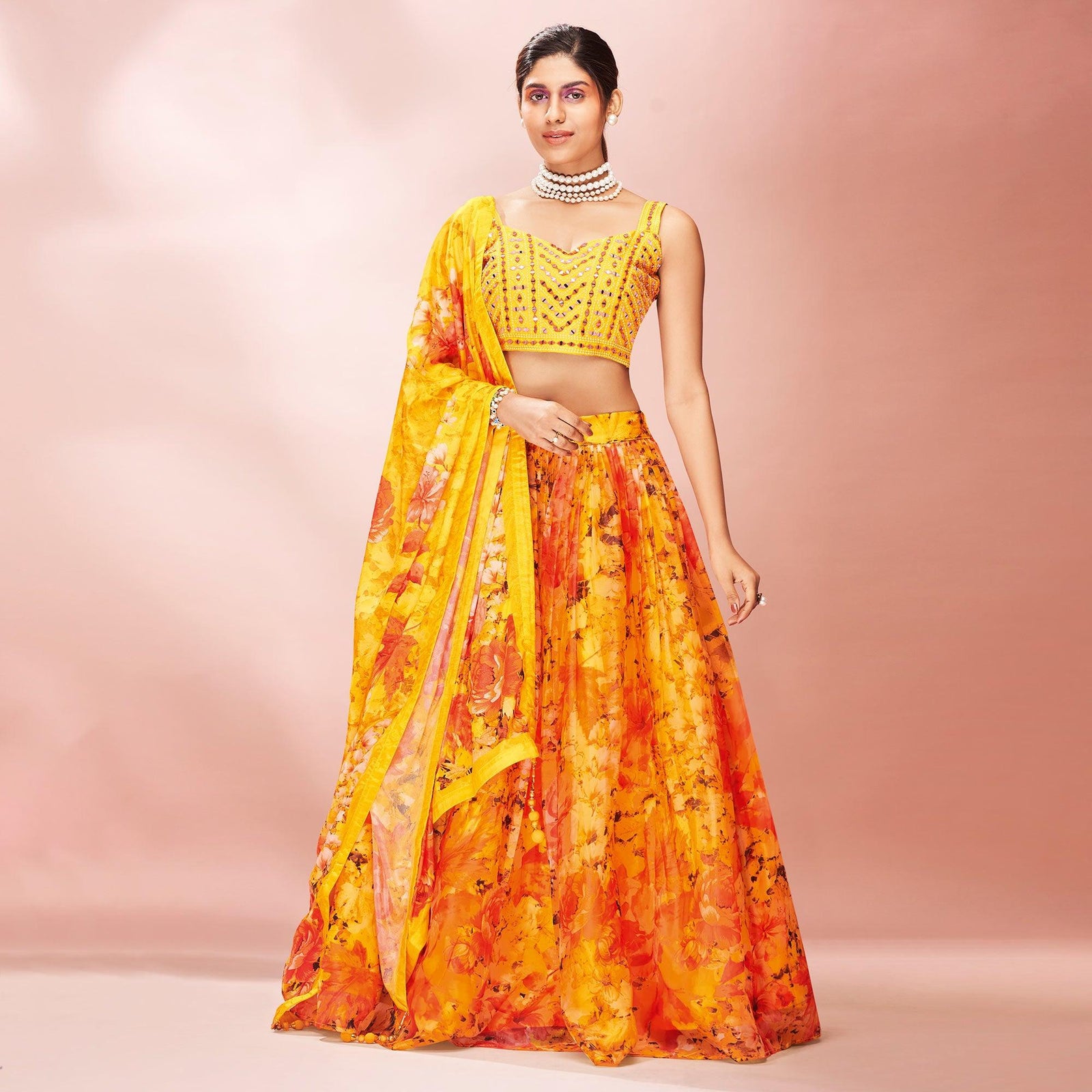 Yellow Embellished With Printed Organza Lehenga Choli Clothsvilla