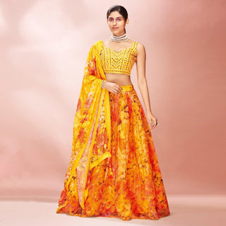 Yellow Embellished With Printed Organza Lehenga Choli Clothsvilla