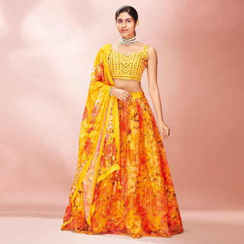 Yellow Embellished With Printed Organza Lehenga Choli Clothsvilla
