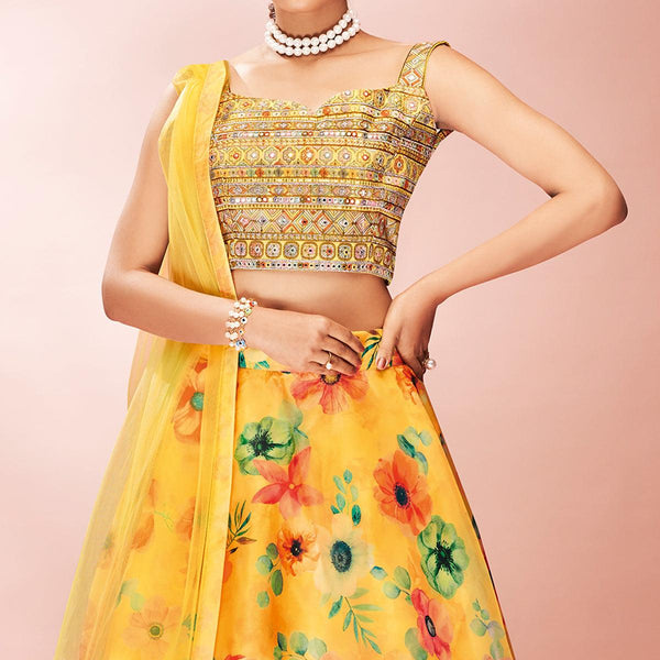 Yellow Embellished With Printed Organza Lehenga Choli Clothsvilla