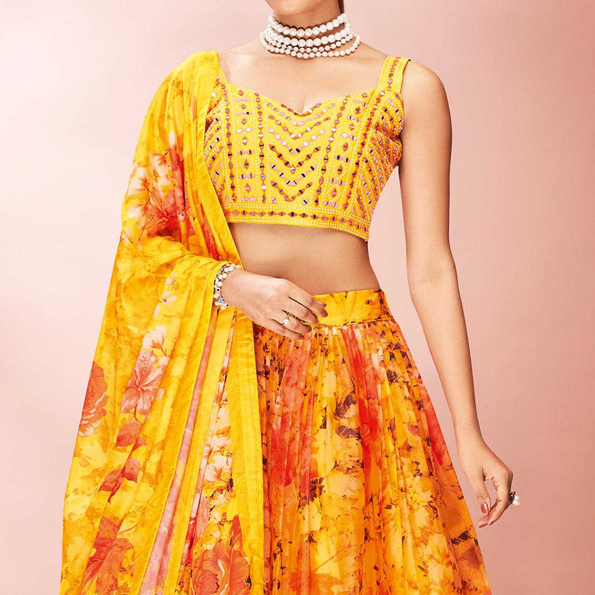 Yellow Embellished With Printed Organza Lehenga Choli Clothsvilla