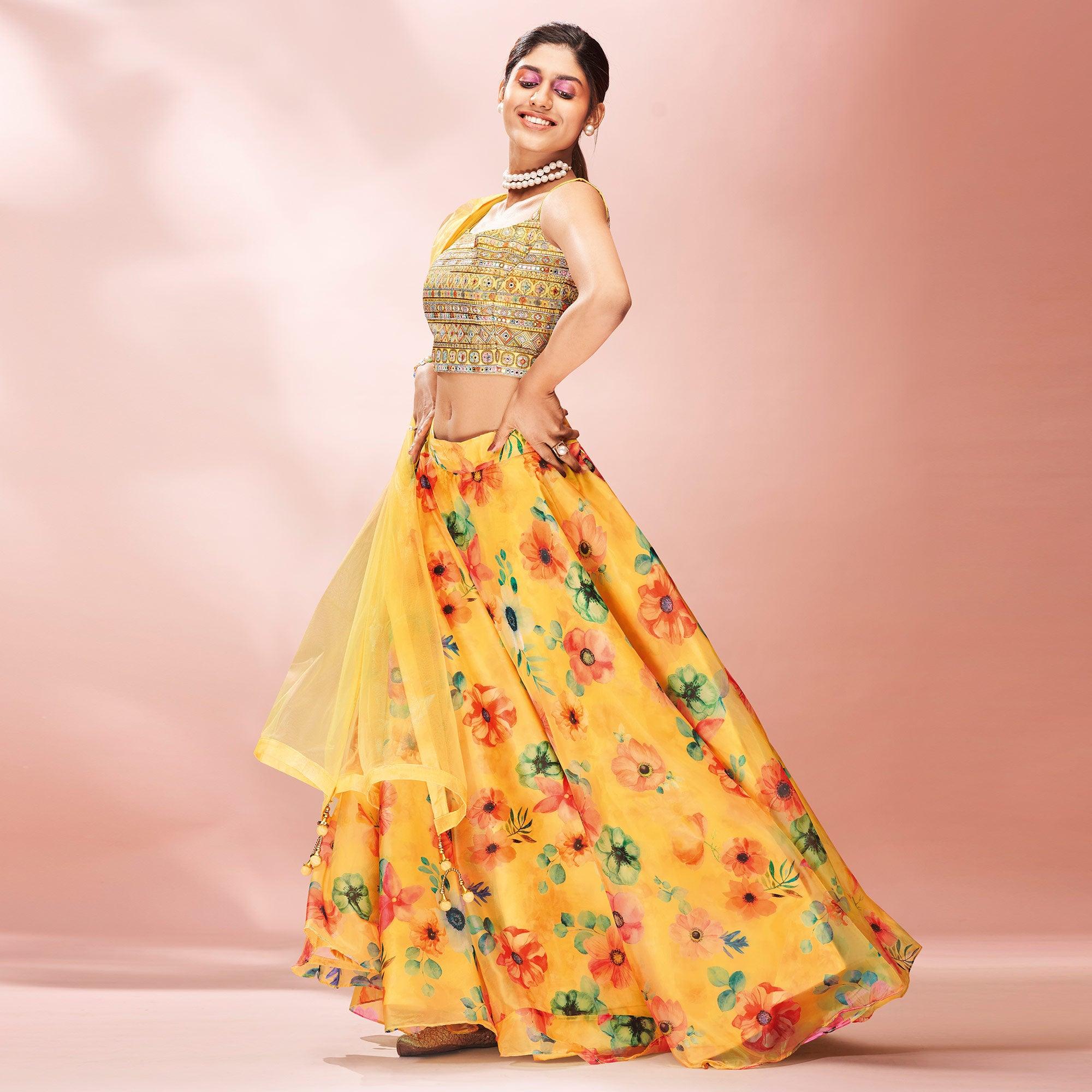 Yellow Embellished With Printed Organza Lehenga Choli Clothsvilla