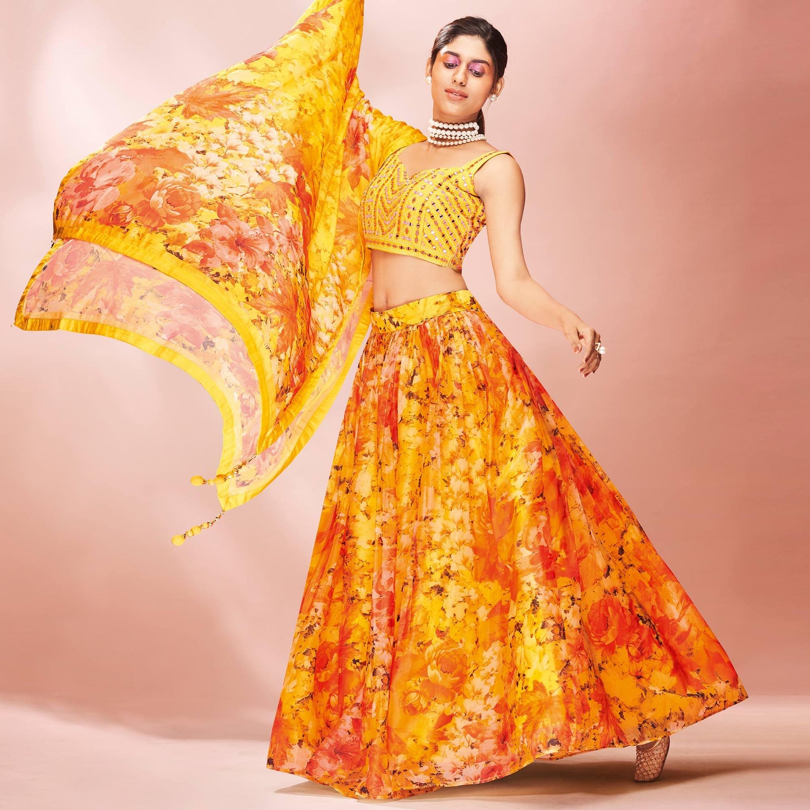 Yellow Embellished With Printed Organza Lehenga Choli Clothsvilla