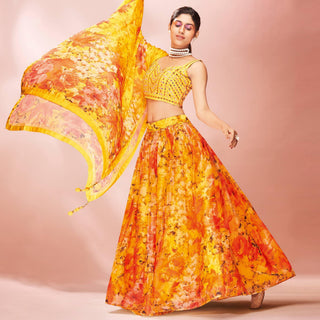 Yellow Embellished With Printed Organza Lehenga Choli Clothsvilla