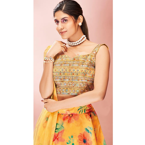 Yellow Embellished With Printed Organza Lehenga Choli Clothsvilla